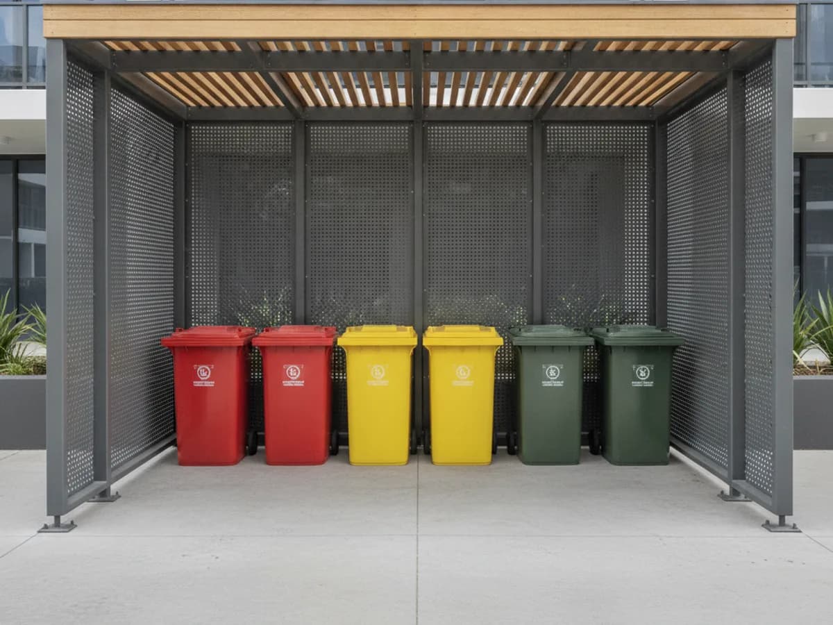 A communal bin store enclosure holding red general-waste, yellow recycling, and green FOGO bins.