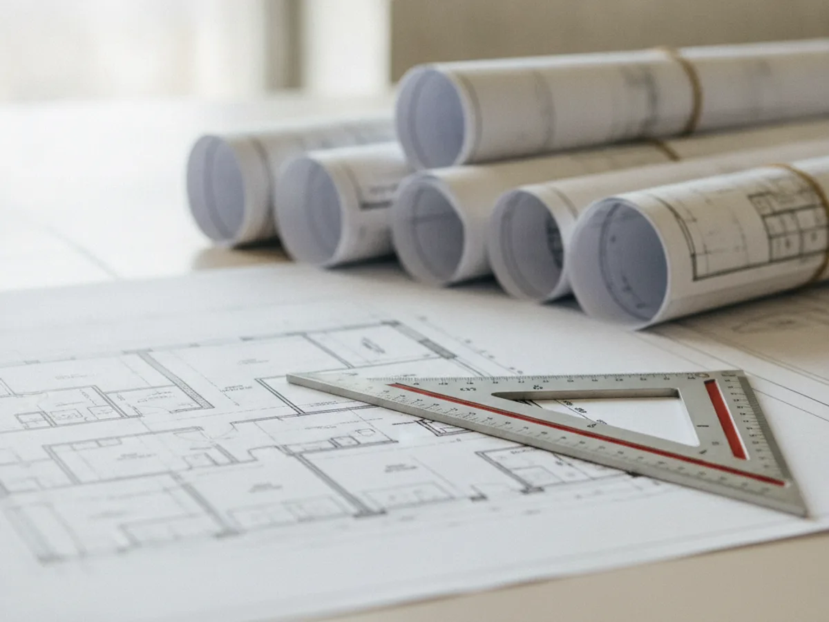 Rolled architectural drawing sheets beside an unrolled floor plan and a set square — the plan set WMPilot reads.