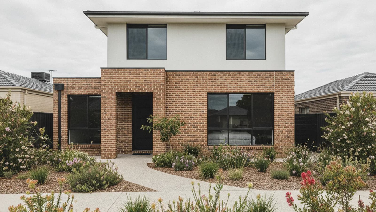 A two-storey brick-and-render residential infill development in Perth, with native landscaping to the street frontage.